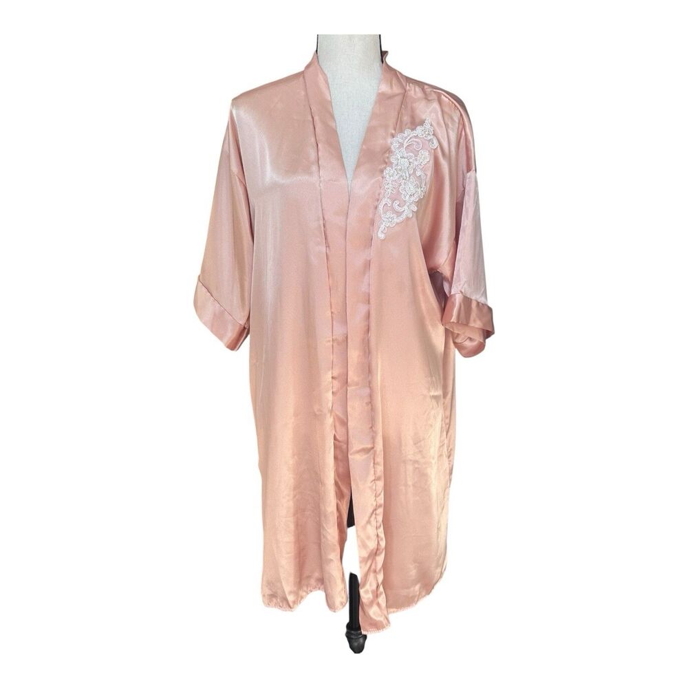 Vintage Petra Fashions Pink Satin Bridal Robe Beaded Lace Applique Made in USA L